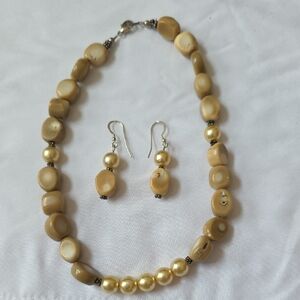 Chic Gold and Tan Beaded Necklace And Earring Set